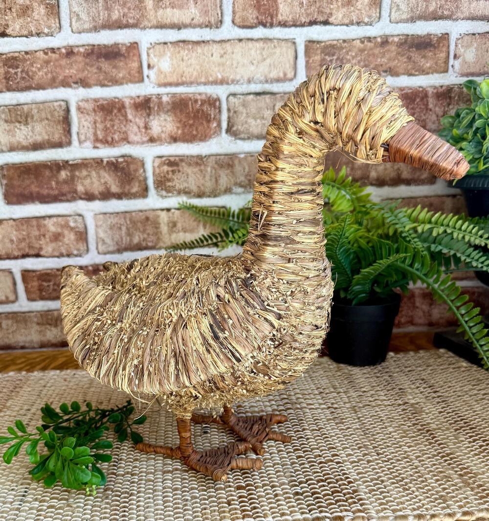 Woven Wicker Goose Sculpture | Straw Bird Figurine